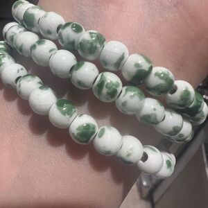 Ceramic Bead Wrap Bracelet White Green Porcelain Handmade Artisan Jewelry
